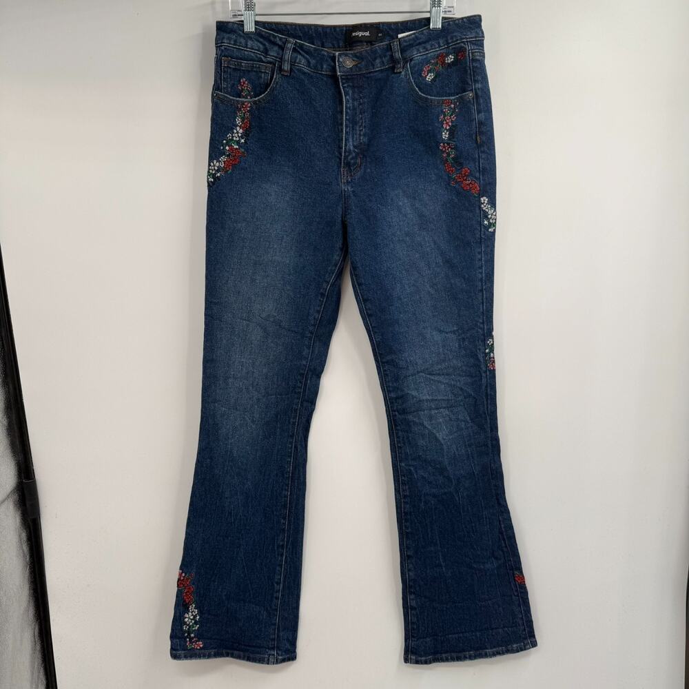 Desigual Cordoba Wide Leg Jeans Womens 44 US 12 Blue Floral Embroidered